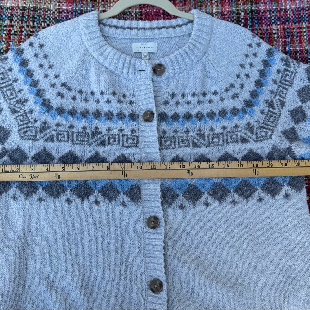 Lucky Brand Gray and Blue Fair Isle Women's Cardigan Sweater XL - Picture 6 of 16